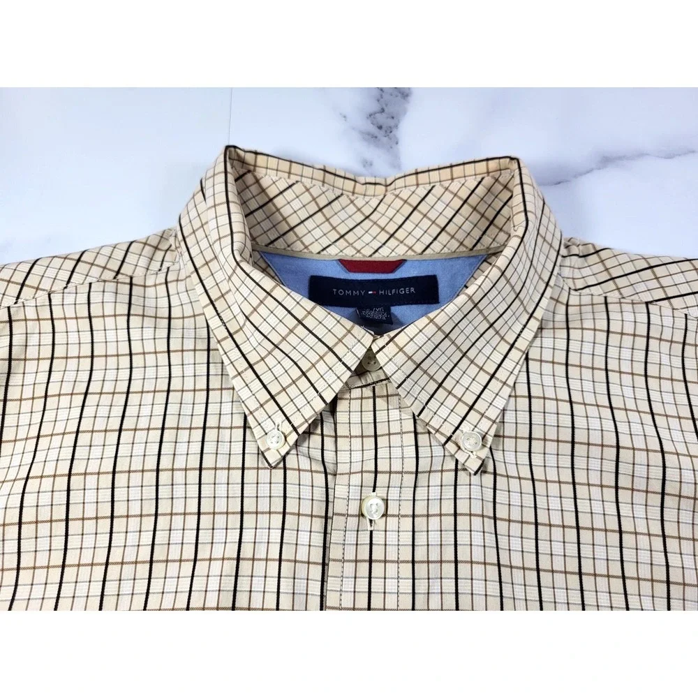 Tommy Hilfiger 80's 2 Ply Cotton Cream Plaid‎ Button Down Shirt Size XL Preppy